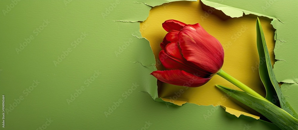 Poster Yellow torn paper frame featuring a red tulip on a green background with space for text in the center viewed from above in close up. with copy space image. Place for adding text or design