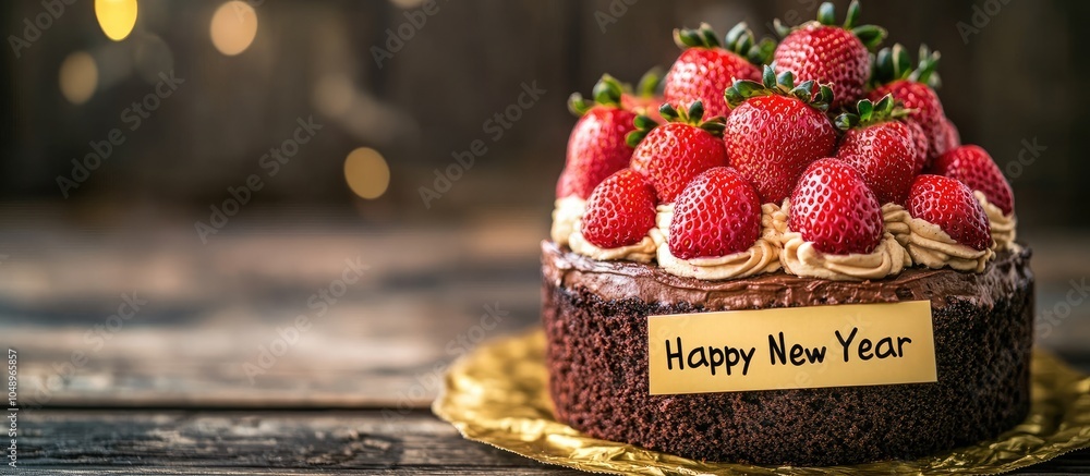 Poster Fresh strawberry topping adorns a cocoa cream homemade chocolate cake with a Happy New Year label on golden paper set against a wooden table background Christmas theme. with copy space image