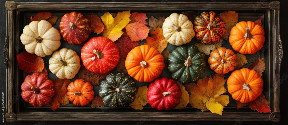 Aufkleber Top view of a tray filled with various pumpkins and autumn leaves. with copy space image. Place for adding text or design