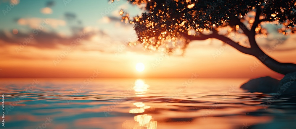 Aufkleber Defocused beautiful sunset light reflecting on the sea with a silhouette of a tree on the side. with copy space image. Place for adding text or design