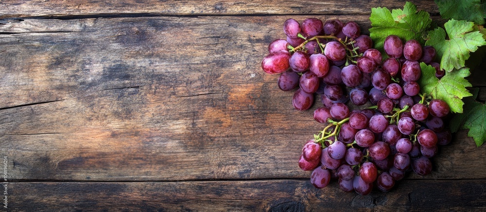 Poster Bunch of grapes on a rustic wooden surface Top view. with copy space image. Place for adding text or design