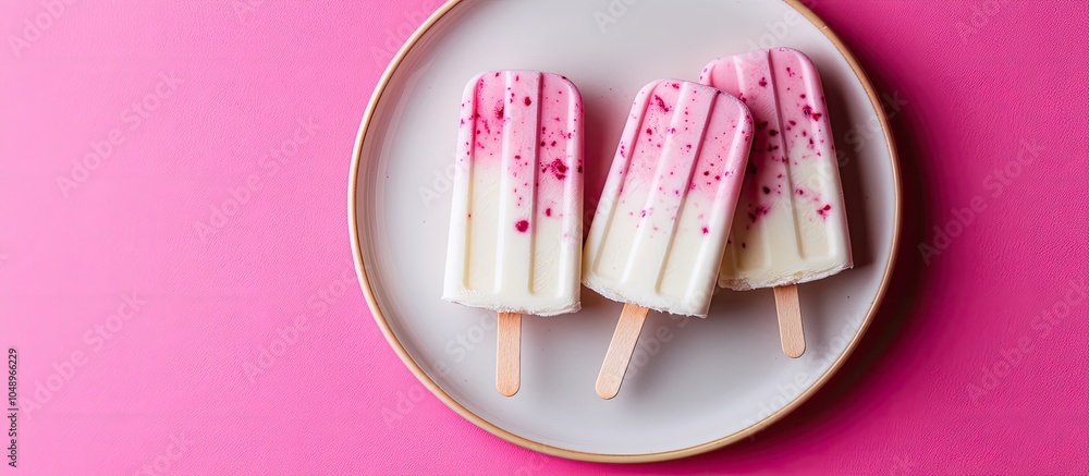 Poster homemade yogurt popsicles on sticks presented on a plate top view flat lay with blank space for a ca