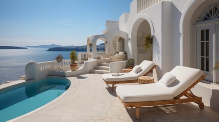 Fototapeta premium Enjoy summer vibes with two deck chairs on a terrace overlooking a sparkling pool and breathtaking sea views, showcasing traditional Mediterranean architecture.