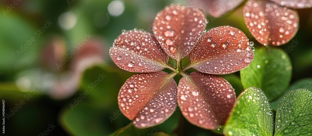 Fototapete Full frame image of a bronze Dutch clover adorned with water droplets in the background. with copy space image. Place for adding text or design