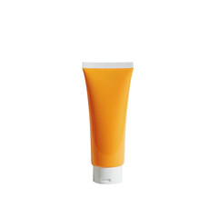 Orange sunscreen tube with a white cap, isolated on a white background. PNG transparent.