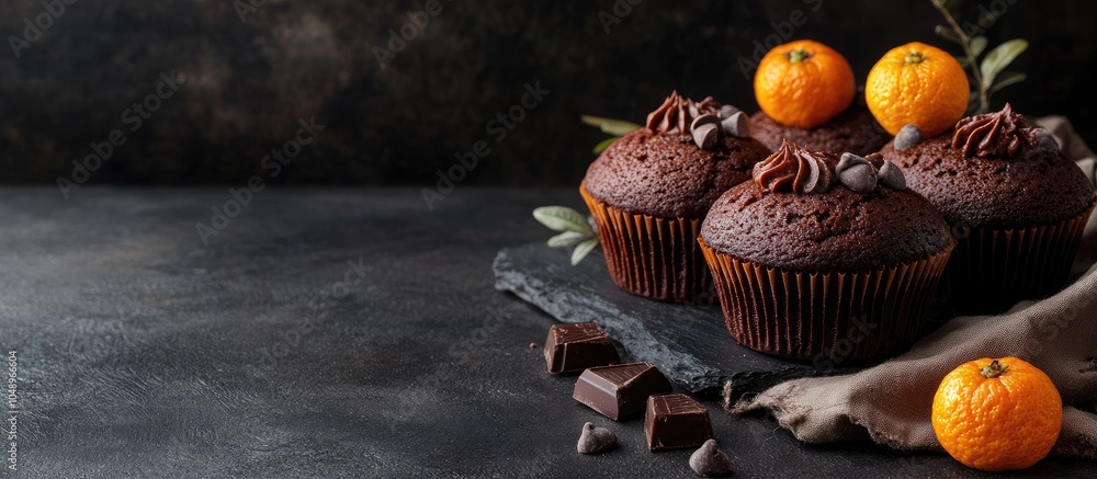 Poster Appetizing and beautiful orange muffin in a dark setting lovely still life featuring chocolate cake on the table Sweet treat in the pastry shop. with copy space image. Place for adding text or design