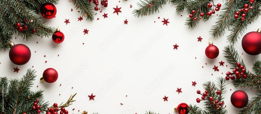 Aufkleber christmas arrangement circular frame of christmas tree branches with red and gold ornaments on a whi