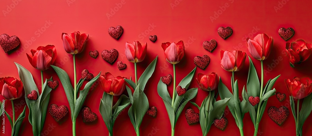 Aufkleber Valentine s Day arrangement featuring red tulips and hearts against a red backdrop Flat lay top view. with copy space image. Place for adding text or design