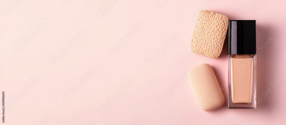 Aufkleber Sponges an elegant tool for applying foundation or powder along with a bottle of foundation Arranged in a flat lay on a pink background with copy space