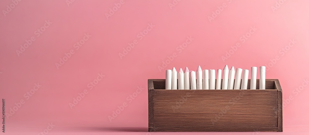 Fototapete white chalk for writing on a board in a brown wooden box set against a pink background. with copy sp