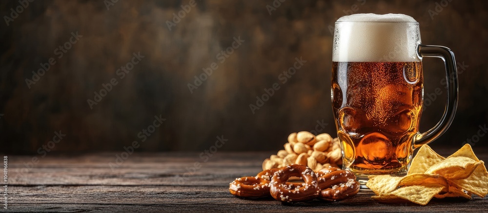 Poster lager beer and snacks placed on a wooden table nuts chips and pretzels. with copy space image. place