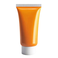 Orange sunscreen tube with a white cap, isolated on a white background. PNG transparent.