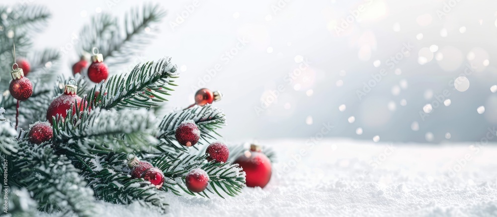 Poster green fir tree with red christmas decorations on white snow. with copy space image. place for adding