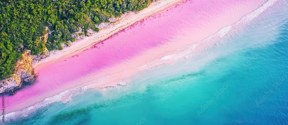 Fototapete panoramic scenic aerial view of the coastline featuring a pink lake divided from the sea by a slende