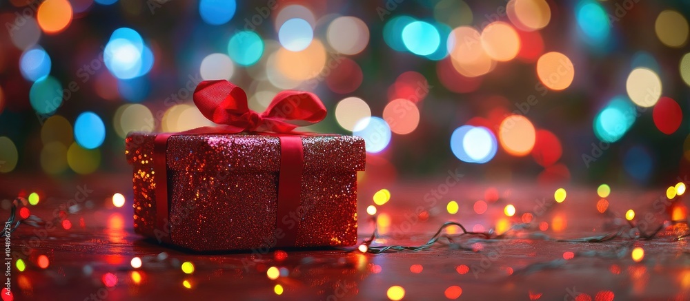 Aufkleber christmas gift box set against a backdrop of multicolored blurred lights decorations for christmas a