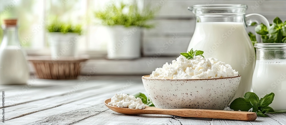 Aufkleber various dairy items on a rustic white wooden table a bowl of cottage cheese a jar of sour cream with