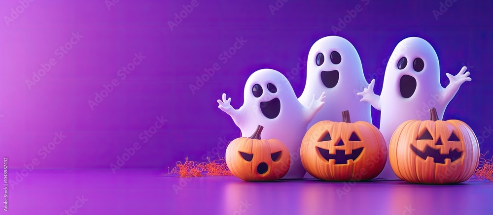 Poster humorous ghosts with pumpkins on a purple background. with copy space image. place for adding text o
