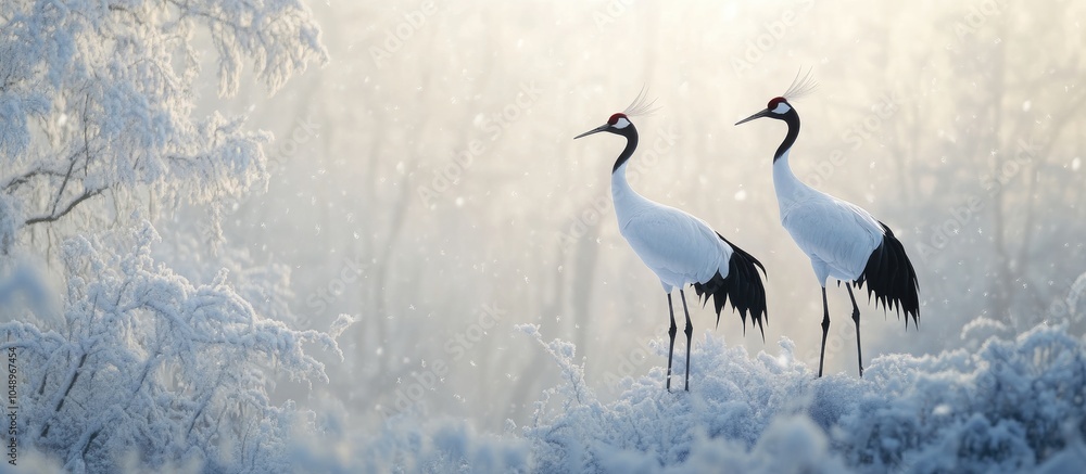 Poster Winter bird watching red crowned cranes. with copy space image. Place for adding text or design