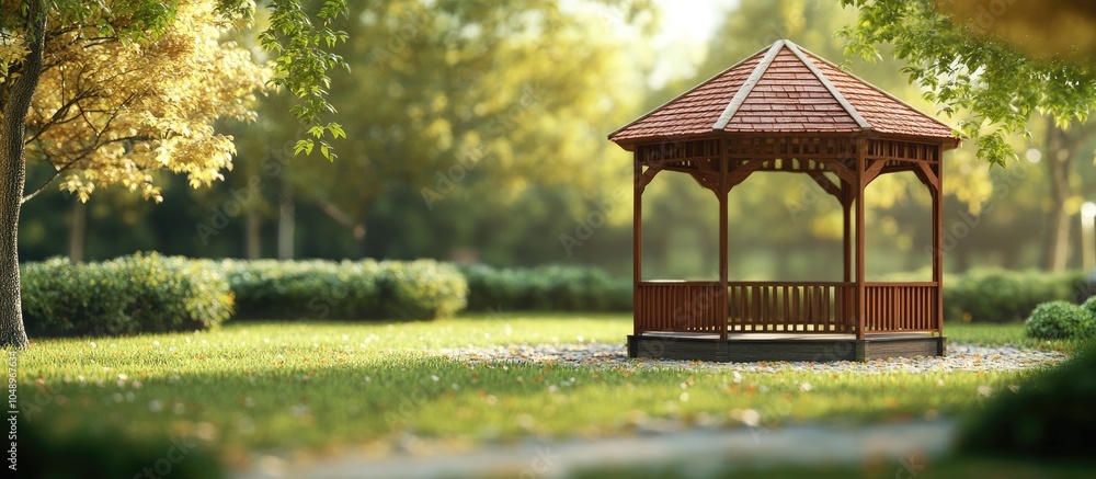 Fototapete Gazebo in a natural setting Background with selective focus and copyspace for text