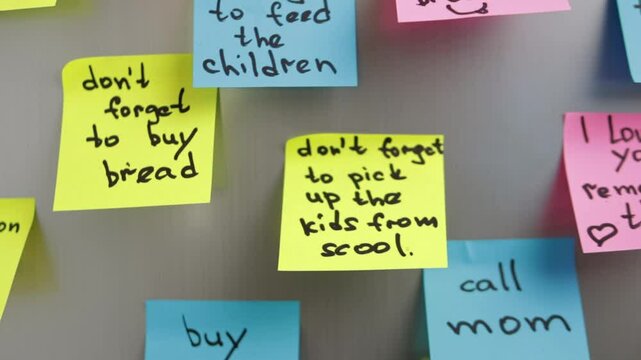 Colorful Sticky Notes Blanket Metallic Surface, Highlighting Family Organization and Reminders For Daily Life. Each Note Signifies Tasks, Schedules, and Essential Messages