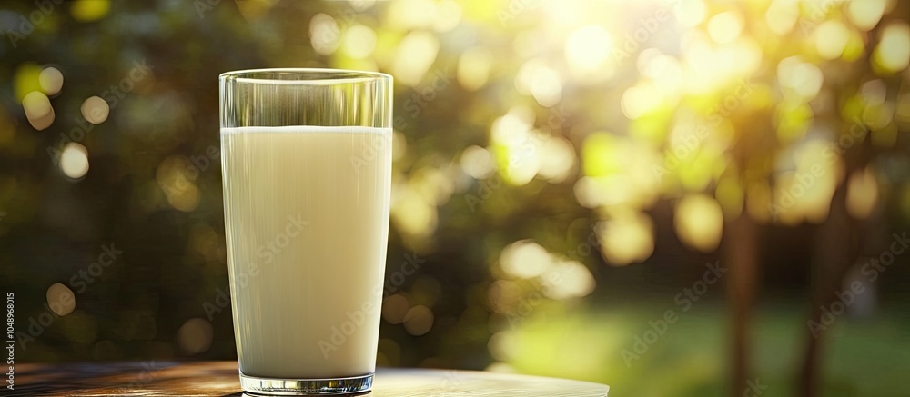 Aufkleber milk in a glass against a blurred natural background a glass of milk on a table fresh milk and sprin