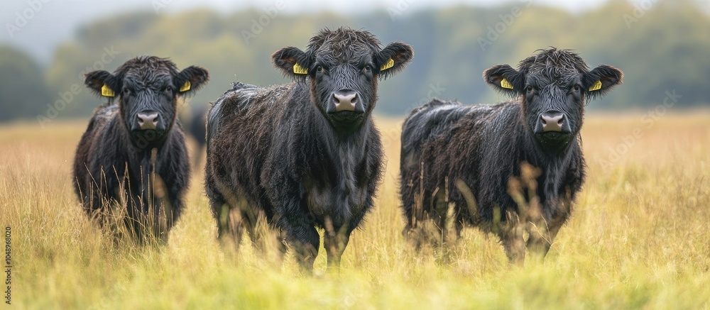 Poster black galloway cattle in a field. with copy space image. place for adding text or design