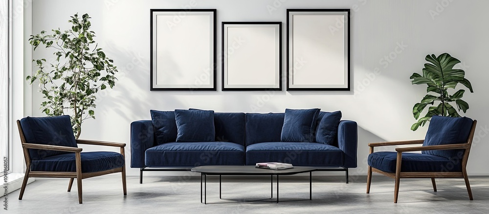 Leinwandbilder scandinavian navy sofa and chair in a minimalist living room interior empty frames on the wall for a