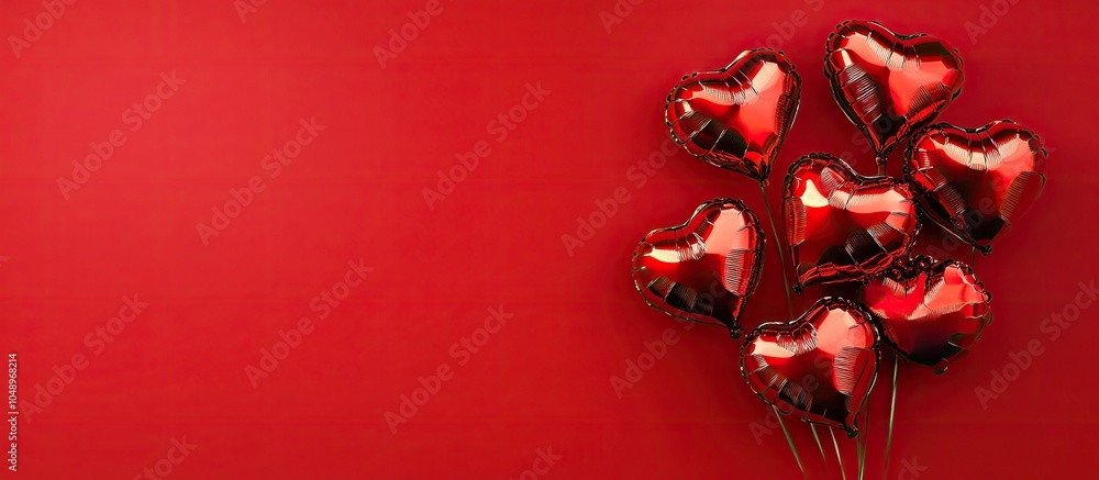 Poster heart shaped foil balloons on a red background from a top view copy space celebratory background for