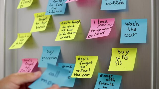 Removing Sticky Notes From Refrigerator Door, Person Organizes Reminders For Daily Tasks, Effectively Managing Busy Household Schedule and Streamlining Errands