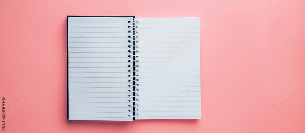 Aufkleber Top view image of an open notebook with blank pages School notebook on a pink coral background spiral notepad on a table flat lay. with copy space image. Place for adding text or design