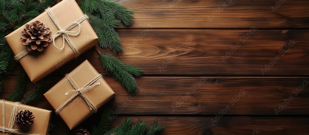 Aufkleber gift boxes with fir branches on a wooden surface top view. with copy space image. Place for adding text or design