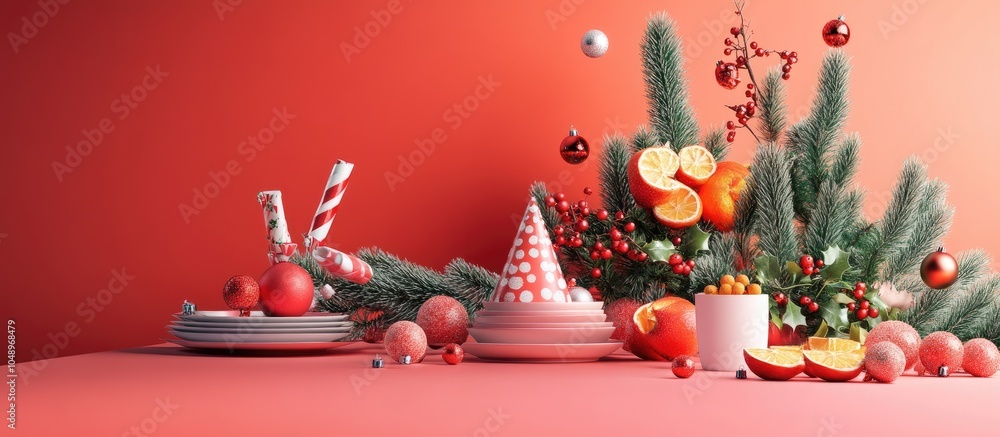 Aufkleber beautifully arranged table for a christmas celebration against a colored background. with copy space