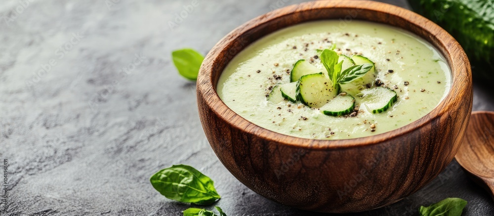 Leinwandbilder Vegan cold cucumber cream soup served in a wooden bowl against a gray backdrop. with copy space image. Place for adding text or design