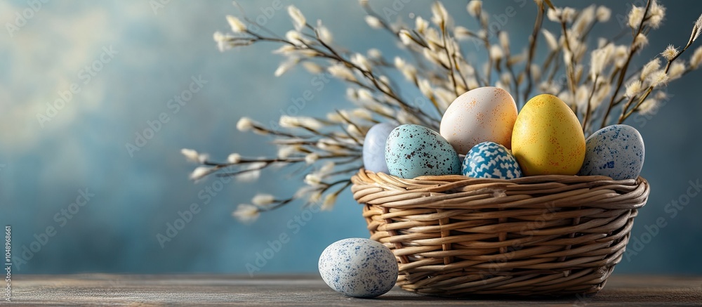 Aufkleber Easter eggs in a basket alongside willow branches on a wooden surface. with copy space image. Place for adding text or design