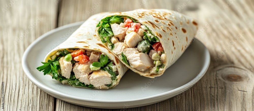 Leinwandbilder a healthy chicken salad wrap cut in half and presented on a white ceramic plate against a plain wood