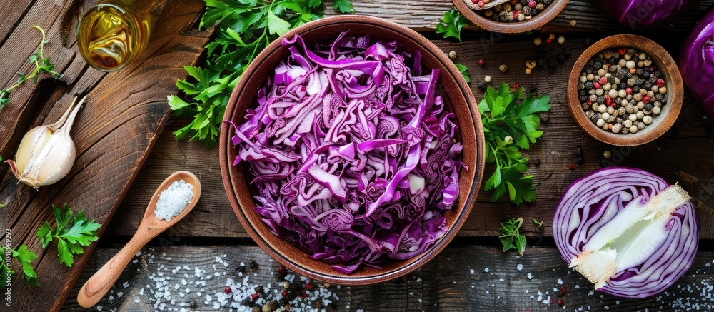 Aufkleber top view of fermented shredded cabbage in a bowl surrounded by cooking ingredients on a rustic woode