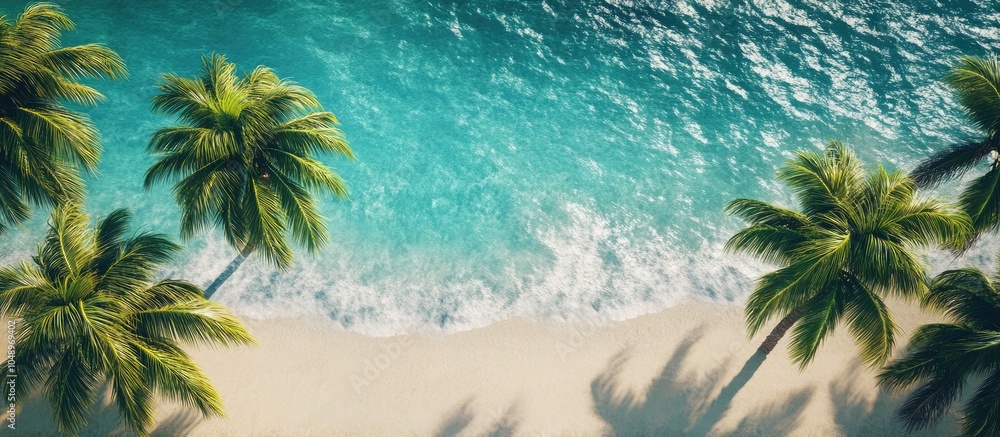 Poster Coconut trees and palms along a stunning beach with turquoise waters. with copy space image. Place for adding text or design
