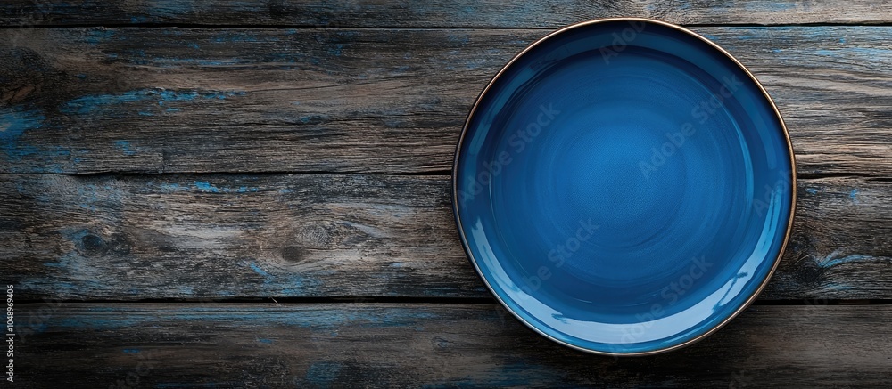 Leinwandbilder blue plate on a wooden surface. with copy space image. place for adding text or design