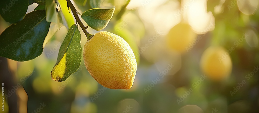 Poster lemon hanging on the tree with a blurred background in oudtshoorn western cape south africa. with co