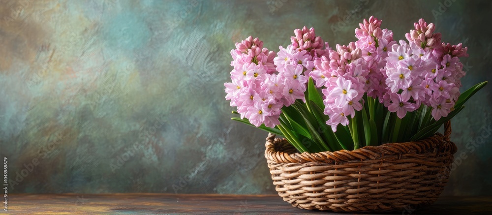 Poster Pink flowering hyacinths in a wicker basket against a rustic backdrop Spring Easter still life. with copy space image. Place for adding text or design