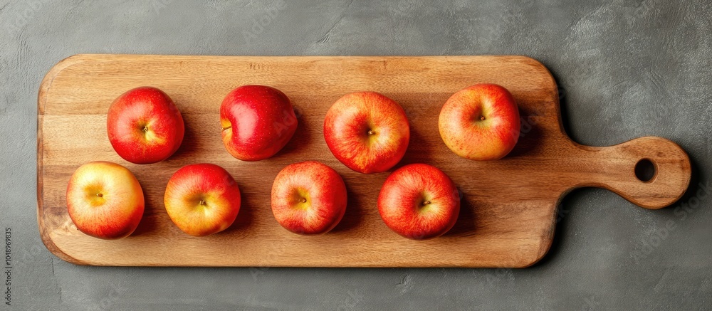 Leinwandbilder Empty wooden board with apples copy space layout template for a food background copy space and cutting board for your text from a top view flat lay