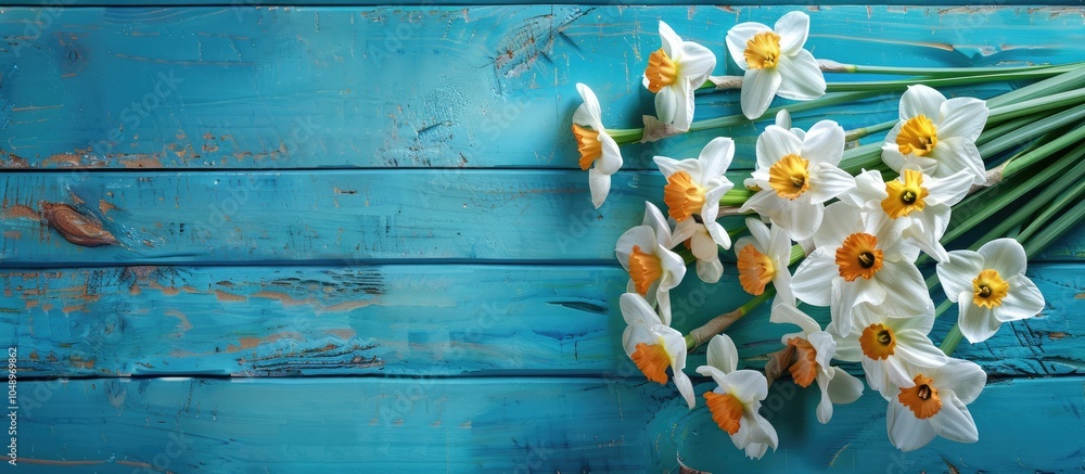 Leinwandbilder lovely arrangement of white daffodils on a blue wooden surface room for text. with copy space image.
