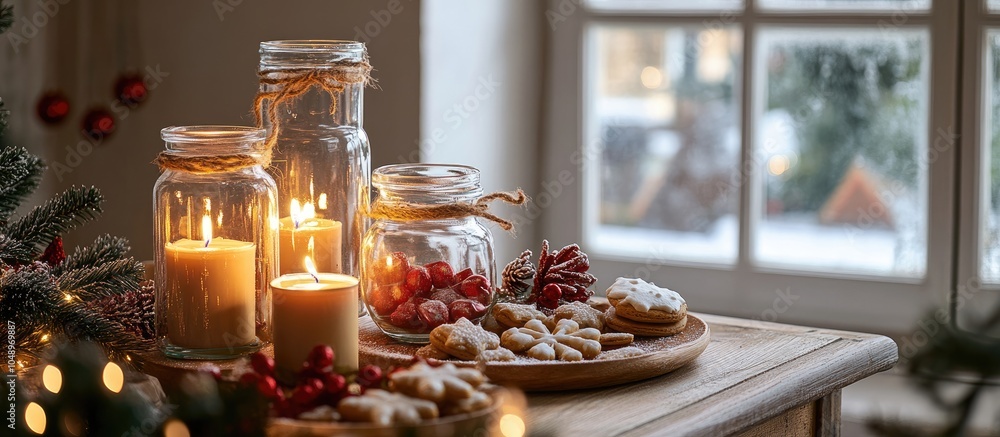 Poster Four candles in bottles are lit for Advent with Christmas cookies and decorations on a table by the window copy space selected focus narrow depth of field