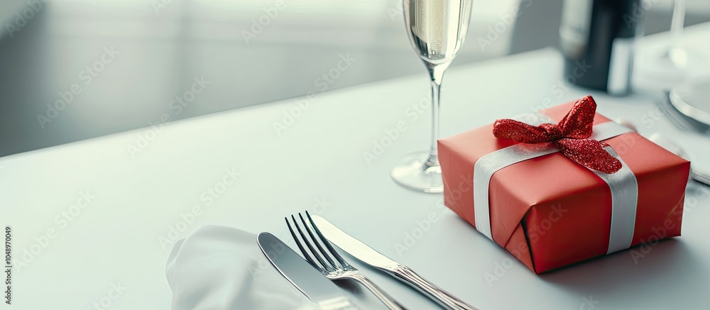 Poster valentine s day dinner featuring a table setting with a red gift a bottle of champagne and silverwar