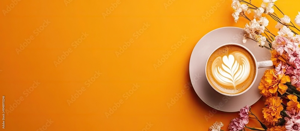 Poster book mockup template coffee and flower bouquet vibrant background. with copy space image. place for 