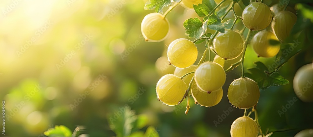 Poster star gooseberry on a tree in the morning light close up with copy space for text concept of organic 