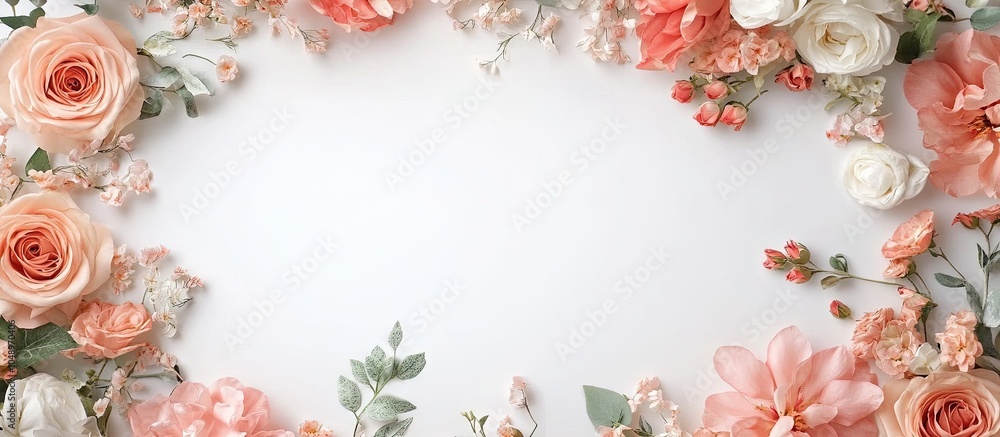 Poster a frame created from lovely flowers on a white background flat lay style with room for text floral a