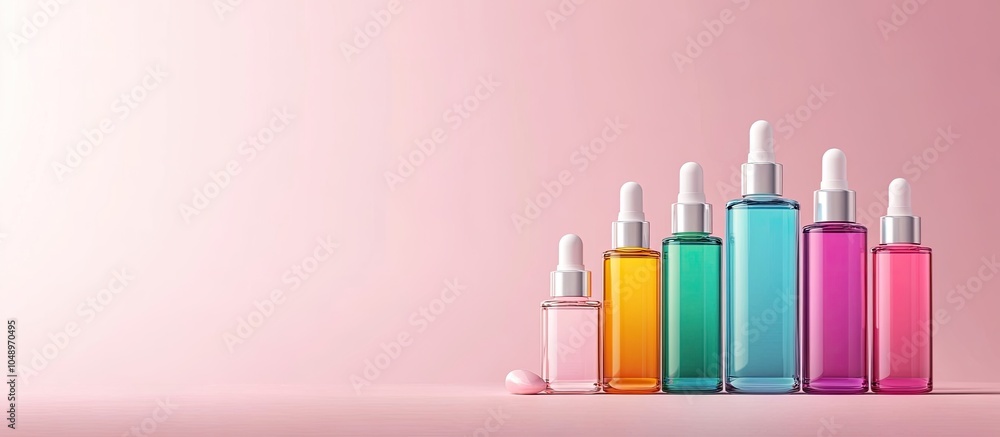Poster a collection of color bottles for cosmetic products on a pink background featuring copy space