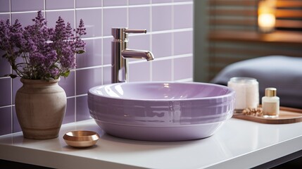 Elegant white ceramic sink and brass faucet atop a counter, surrounded by violet tiles and a stylish mirror.