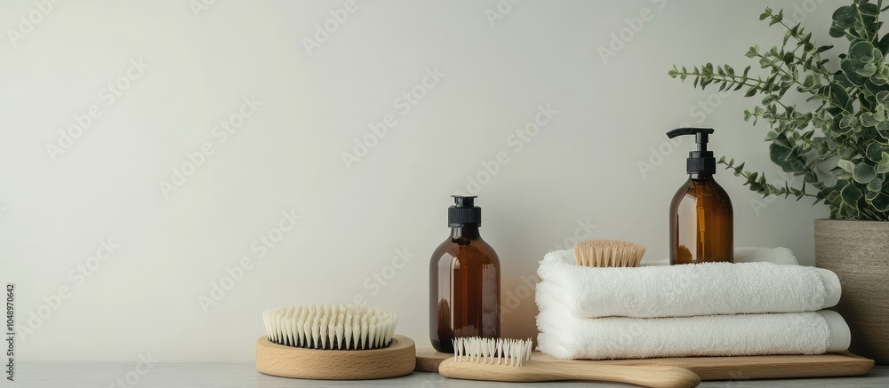 Aufkleber Arrangement of massage brushes and bath products on a light background. with copy space image. Place for adding text or design
